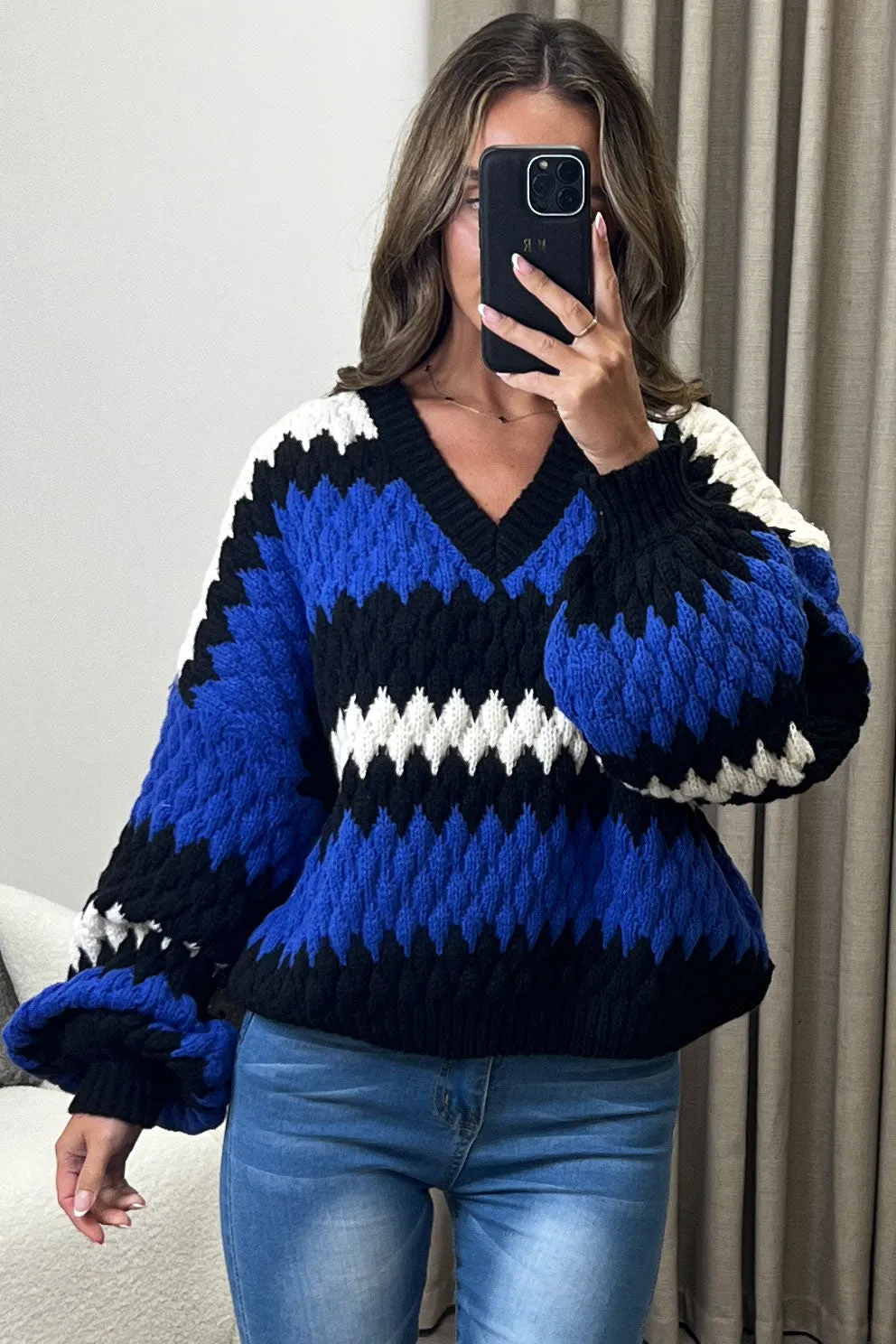Nena Blue and White V Neck Balloon Sleeve Knitted Jumper