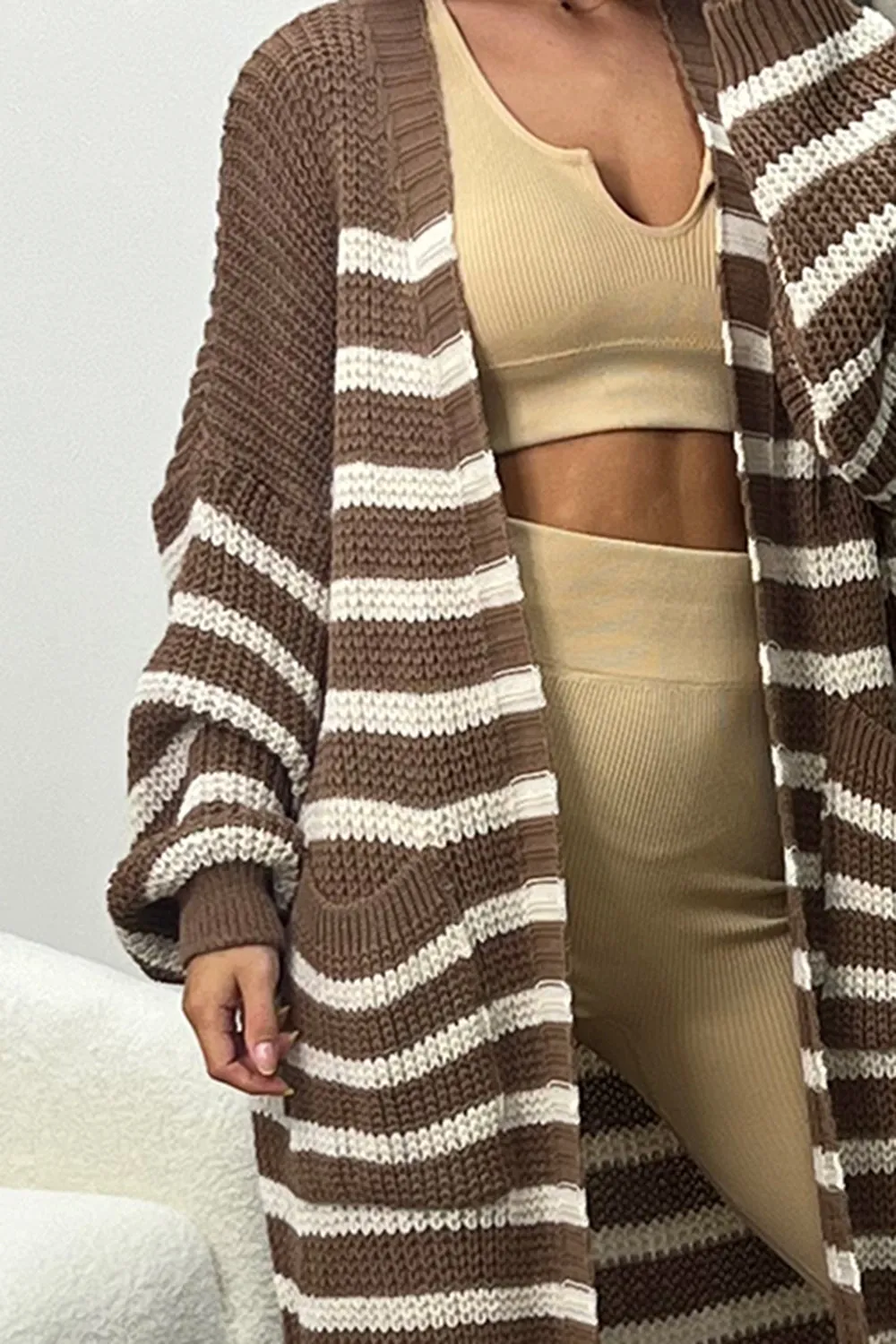 Preta Brown and Beige Stripe Maxi Knitted Cardigan