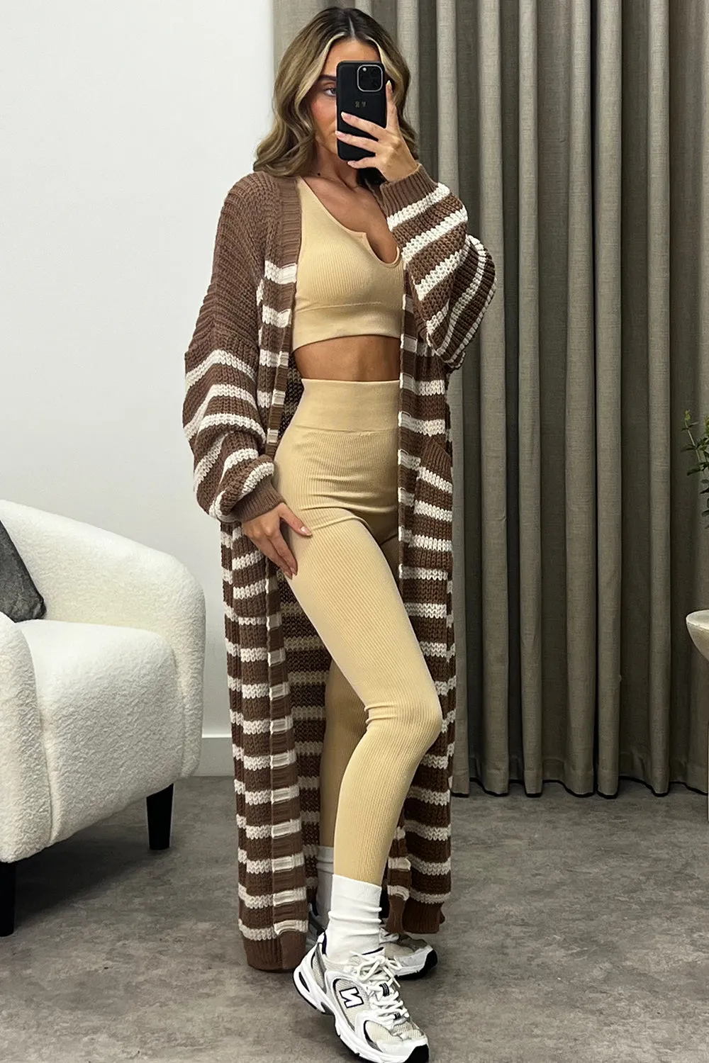 Preta Brown and Beige Stripe Maxi Knitted Cardigan