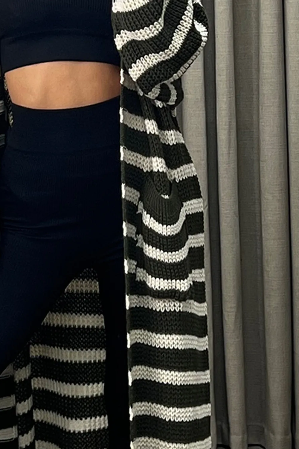 Preta Khaki and Beige Stripe Maxi Knitted Cardigan