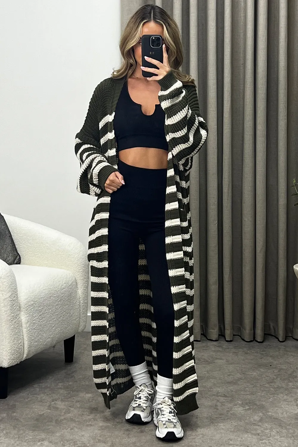 Preta Khaki and Beige Stripe Maxi Knitted Cardigan