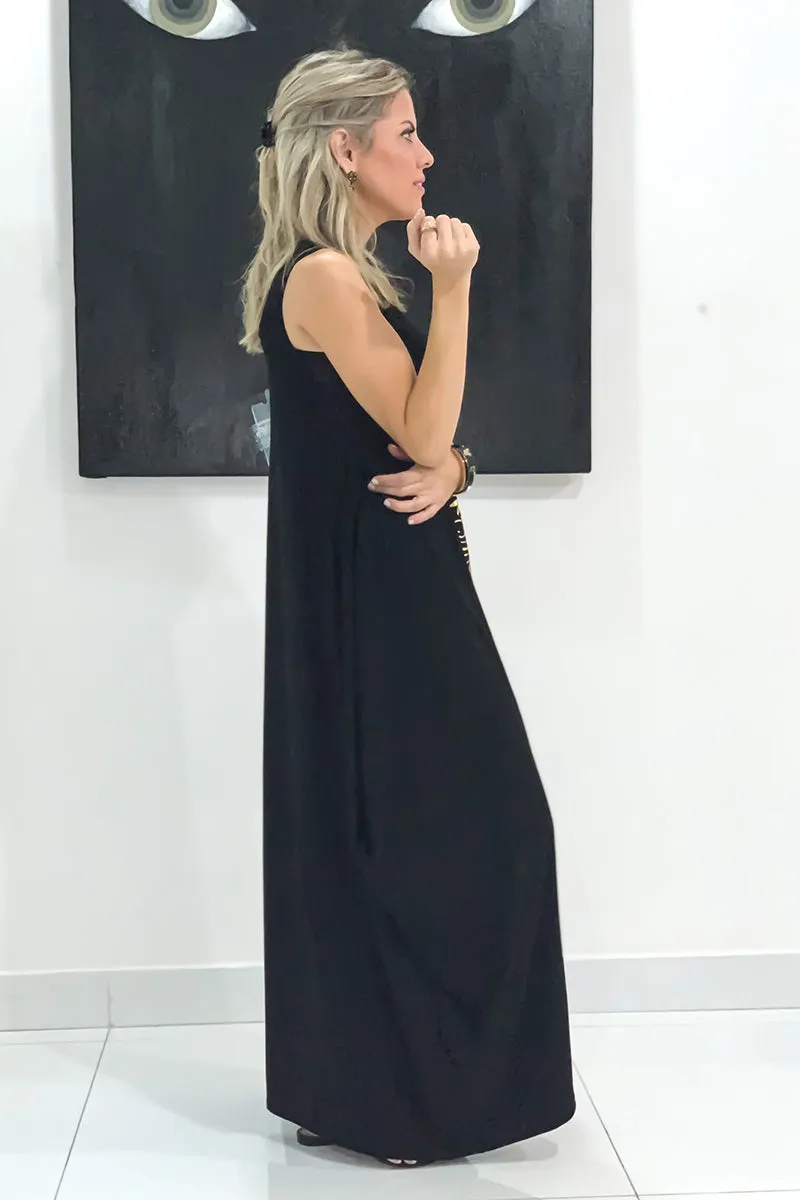 Princess Sleeveless V Neck Cotton Maxi Dress - Black / Gold