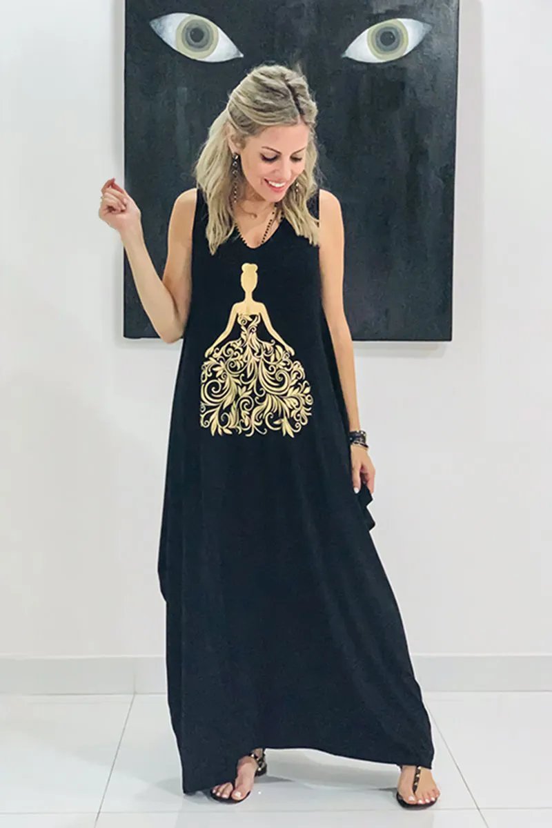 Princess Sleeveless V Neck Cotton Maxi Dress - Black / Gold