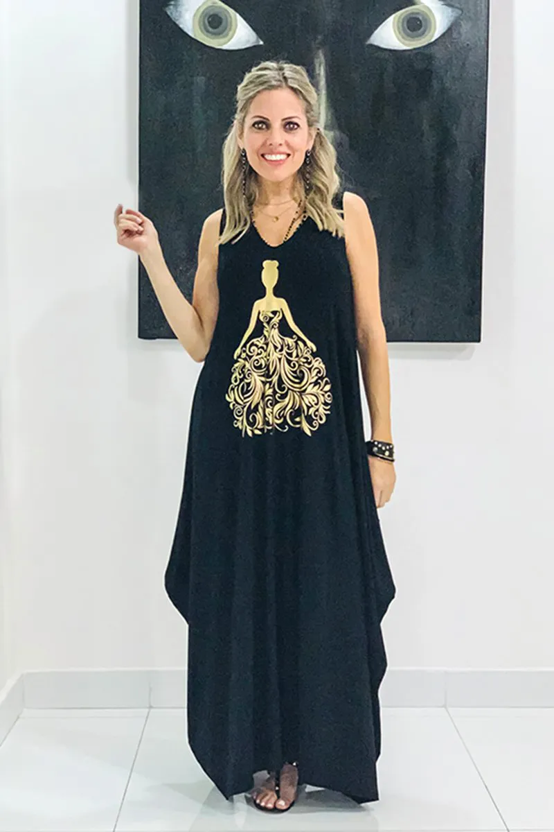 Princess Sleeveless V Neck Cotton Maxi Dress - Black / Gold