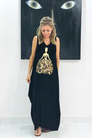 Princess Sleeveless V Neck Cotton Maxi Dress - Black / Gold