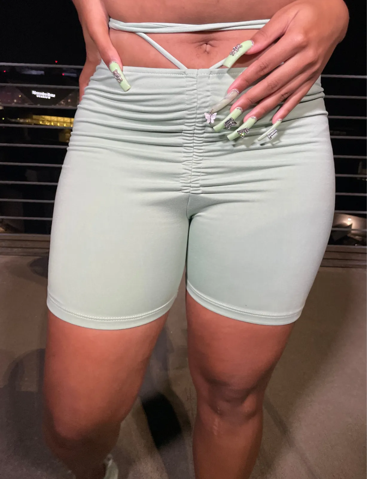 "Kāi" Biker Shorts - Sage Tie Waist Ruched Biker Shorts