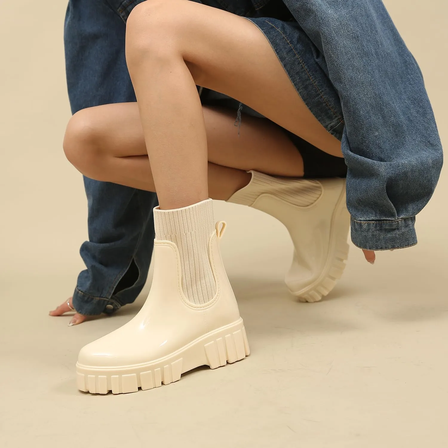 Rain Boots for Women Waterproof Rubber Garden Boots Chelsea Elastic Slip On Ankle Booties