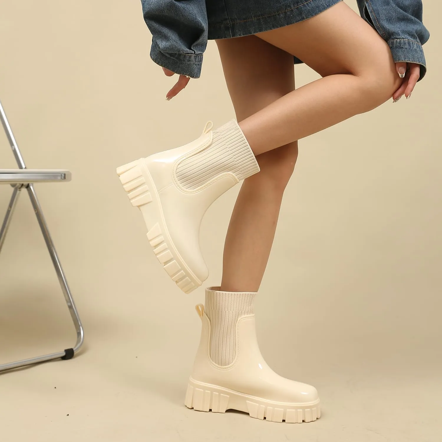 Rain Boots for Women Waterproof Rubber Garden Boots Chelsea Elastic Slip On Ankle Booties