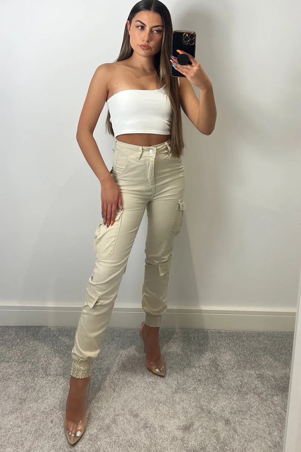 Robin Beige Double Pocket Detail Skinny Cargo Trousers