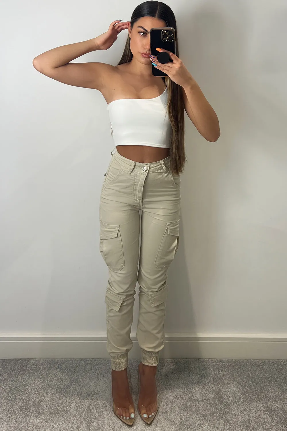 Robin Beige Double Pocket Detail Skinny Cargo Trousers