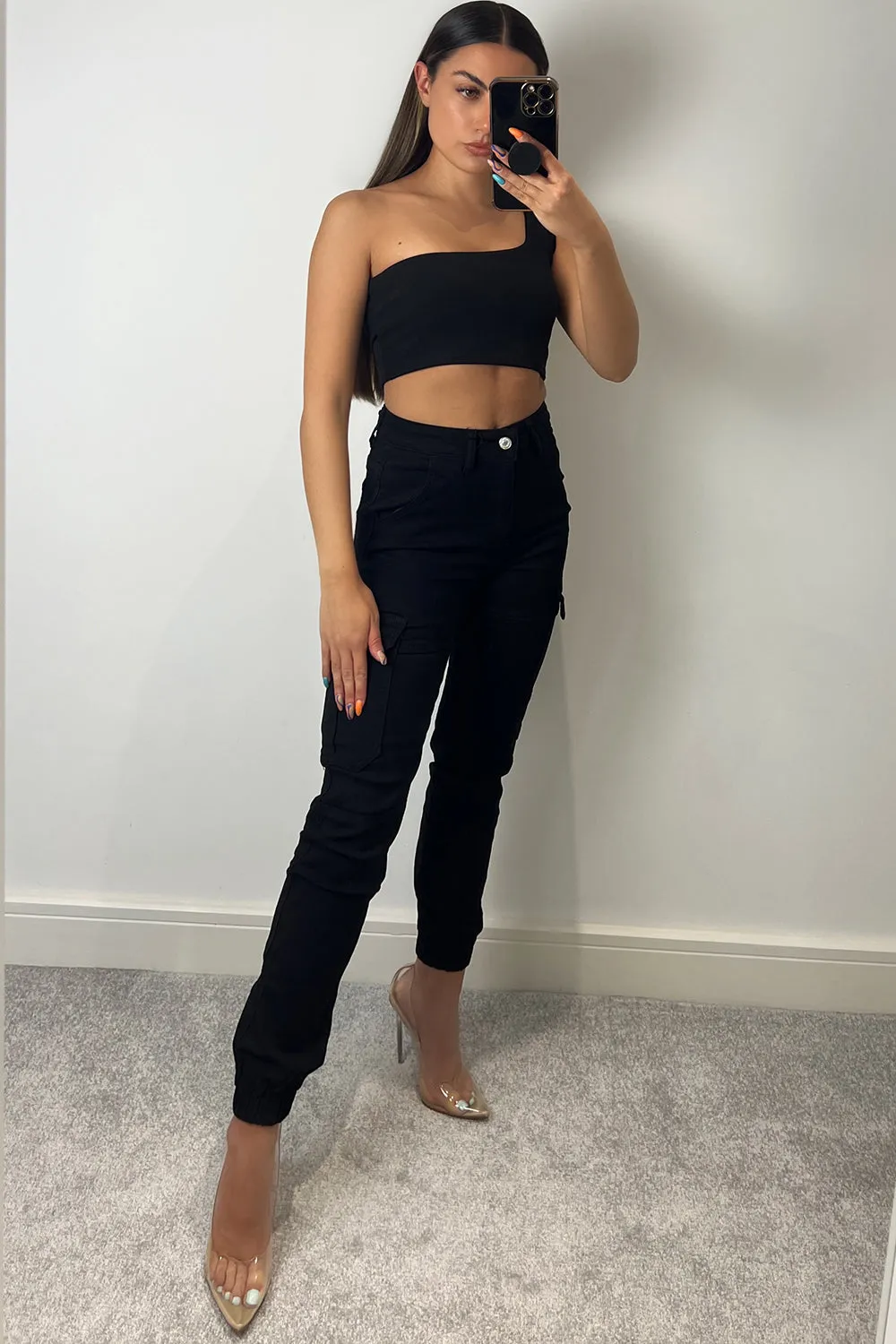 Robin Black Double Pocket Detail Skinny Cargo Trousers