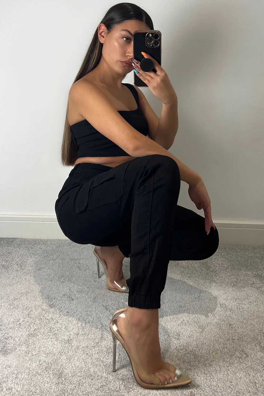 Robin Black Double Pocket Detail Skinny Cargo Trousers