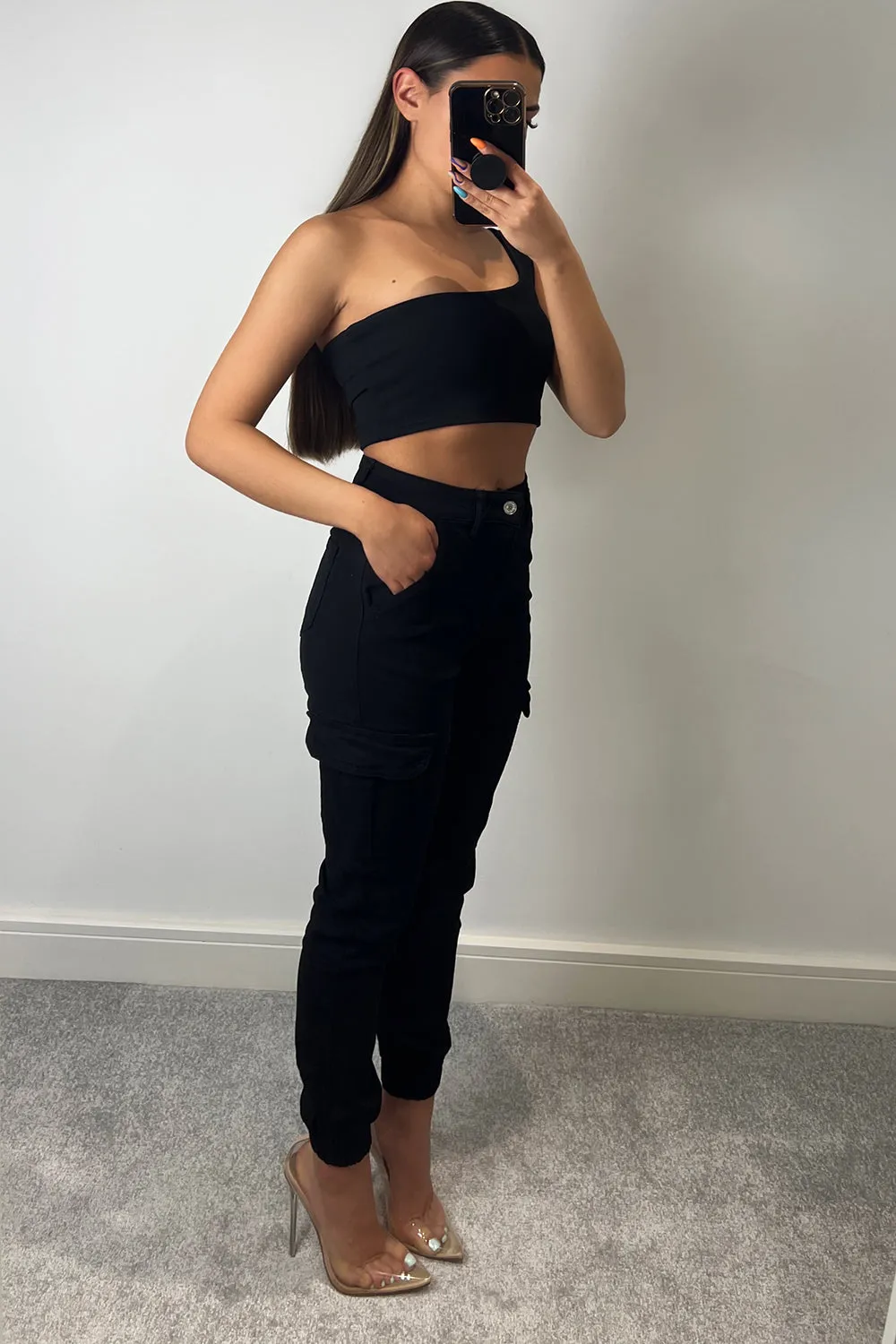 Robin Black Double Pocket Detail Skinny Cargo Trousers