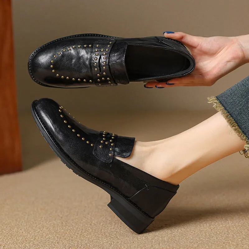 Round Toe Low Block Heel Rivet-embellishment Leather Loafers for Women in White/Brown/Black
