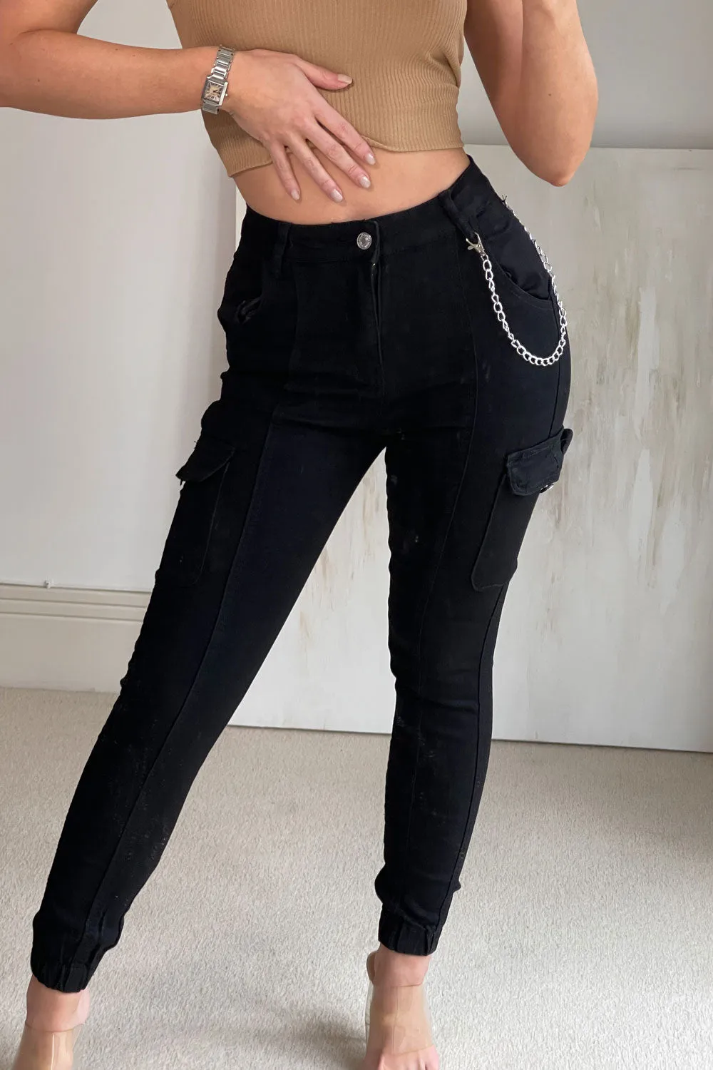 Ruby Black Chain Detail Skinny Cargo Trousers