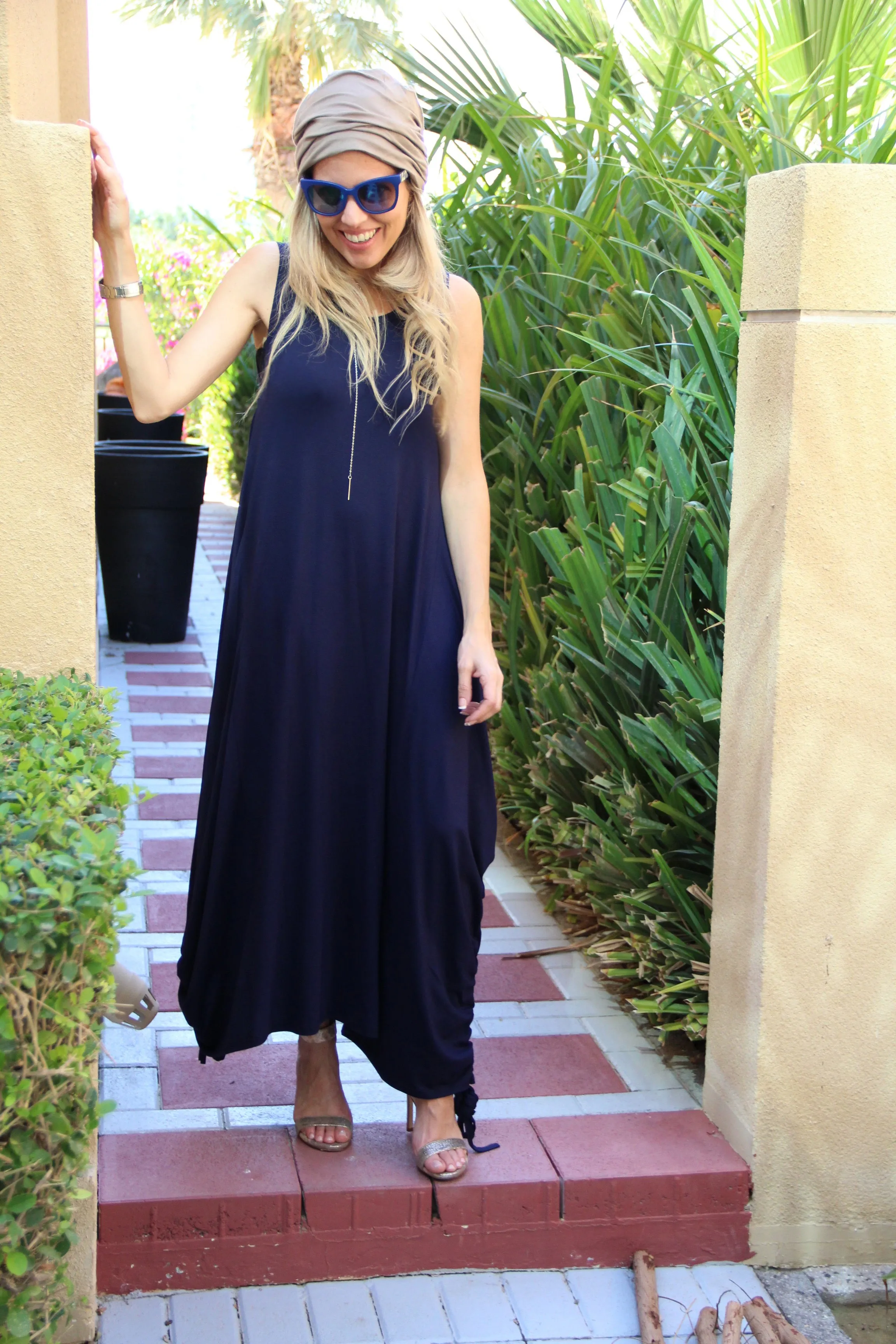 Sleeveless Round Neck Cotton Maxi Dress With Side Ropes - Navy