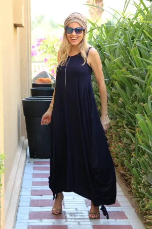 Sleeveless Round Neck Cotton Maxi Dress With Side Ropes - Navy