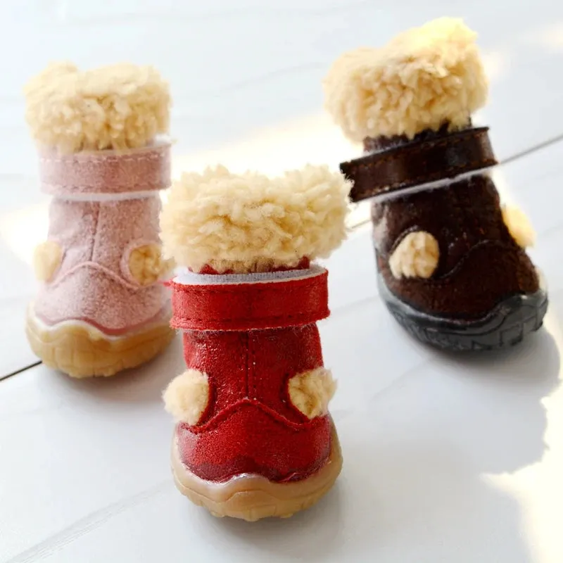 Snow Winter Season Shoes for Dogs - Warm 4pcs/set Non-slip Small Pet Puppy Footwear - Fur-lined Boots for Chihuahua, Pugs