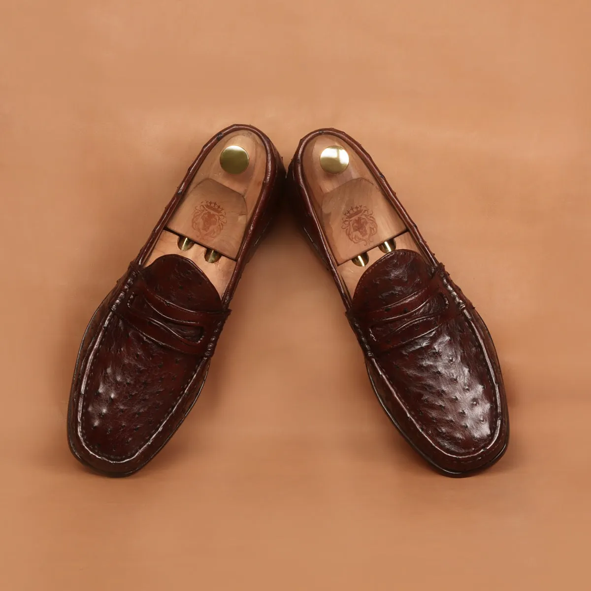 Stitched Pattern Dark Brown Loafer in Real Ostrich Leather
