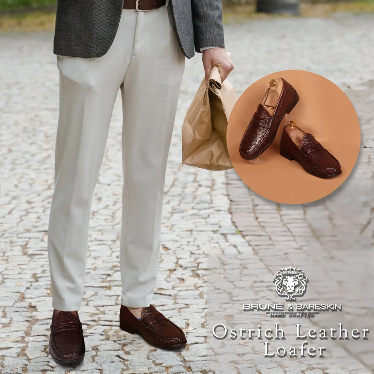 Stitched Pattern Dark Brown Loafer in Real Ostrich Leather