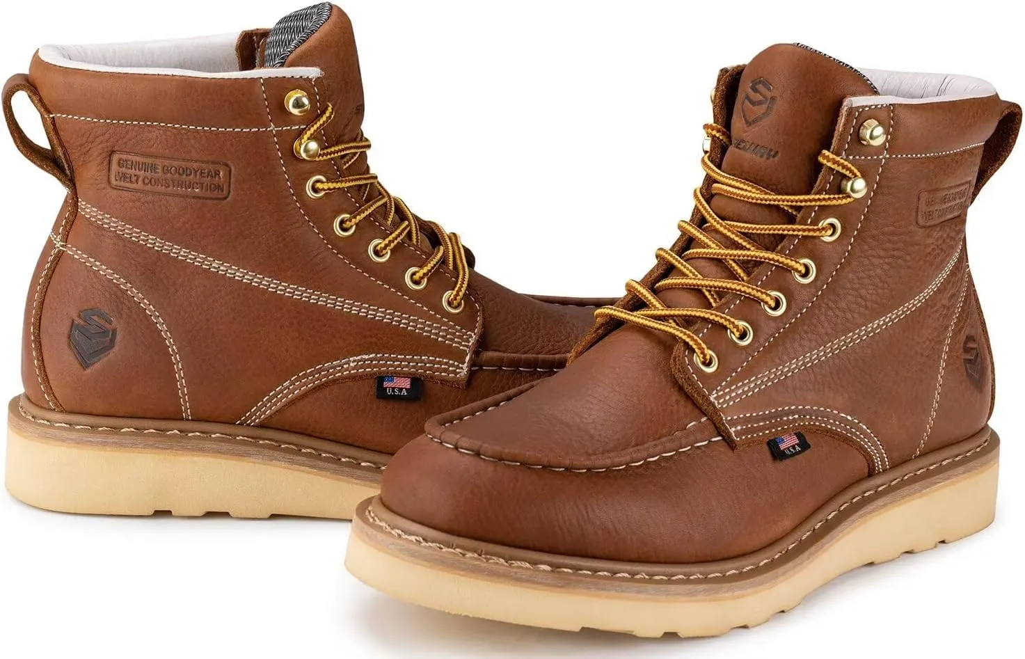 SUREWAY 6 Wedge Moc Toe Work Boots for Men - Soft Toe,Premium Full-Grain Leather,Lightweight Work Boots/Shoes,Comfort Insole,Oil/Slip Resistant,Real Goodyear,EH Rated Industrial Construction Boots