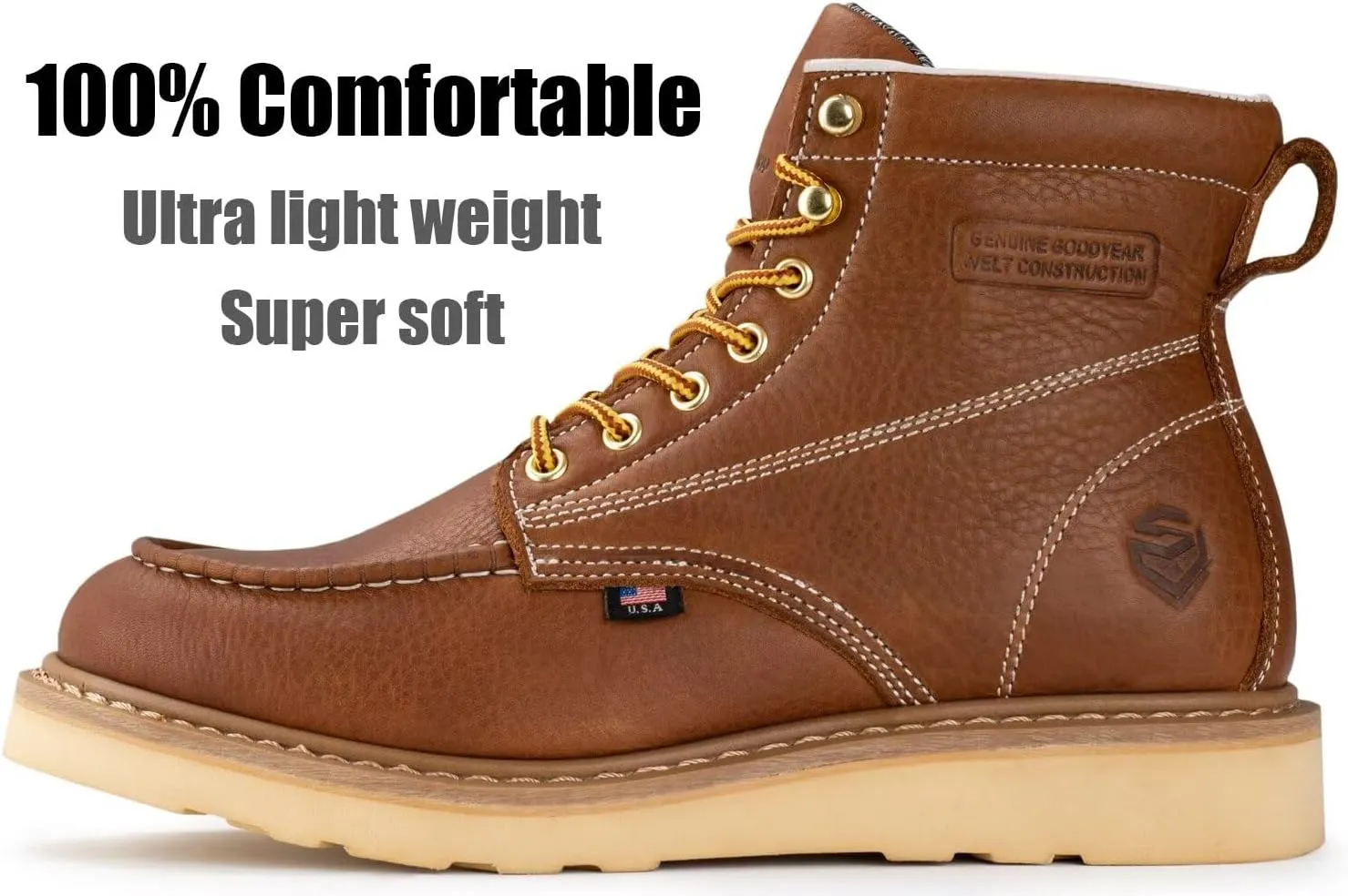 SUREWAY 6 Wedge Moc Toe Work Boots for Men - Soft Toe,Premium Full-Grain Leather,Lightweight Work Boots/Shoes,Comfort Insole,Oil/Slip Resistant,Real Goodyear,EH Rated Industrial Construction Boots