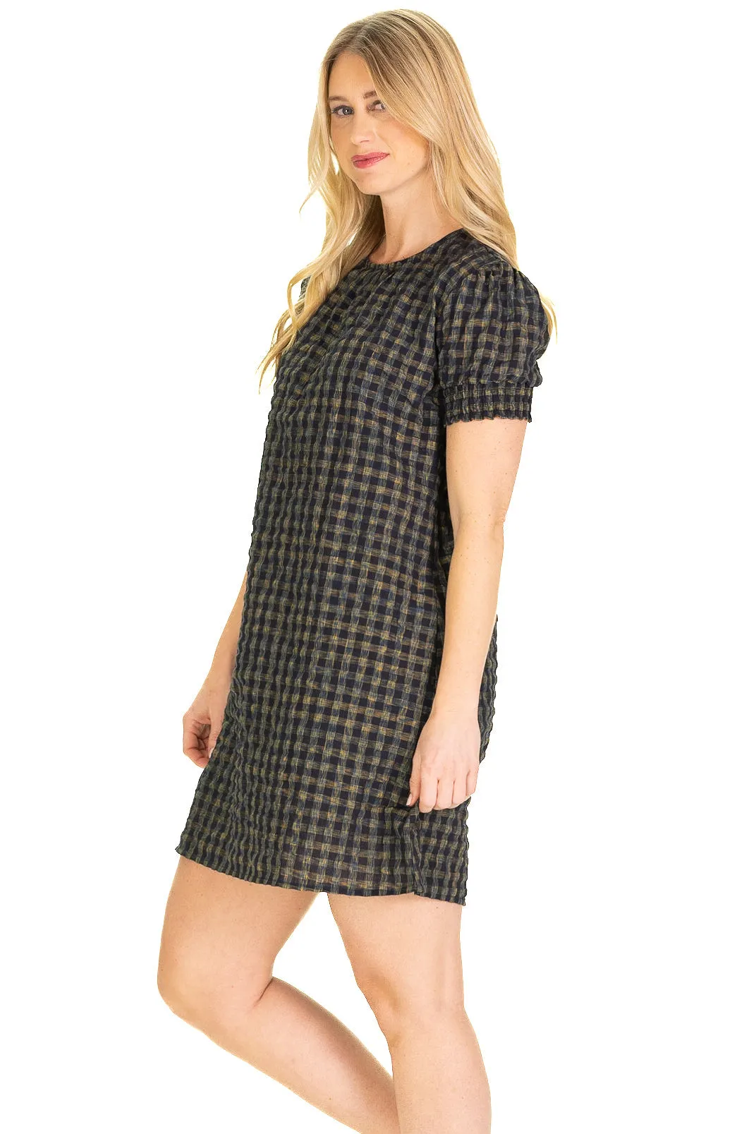 The Daniella Puff Sleeve Dress in Navy Plaid