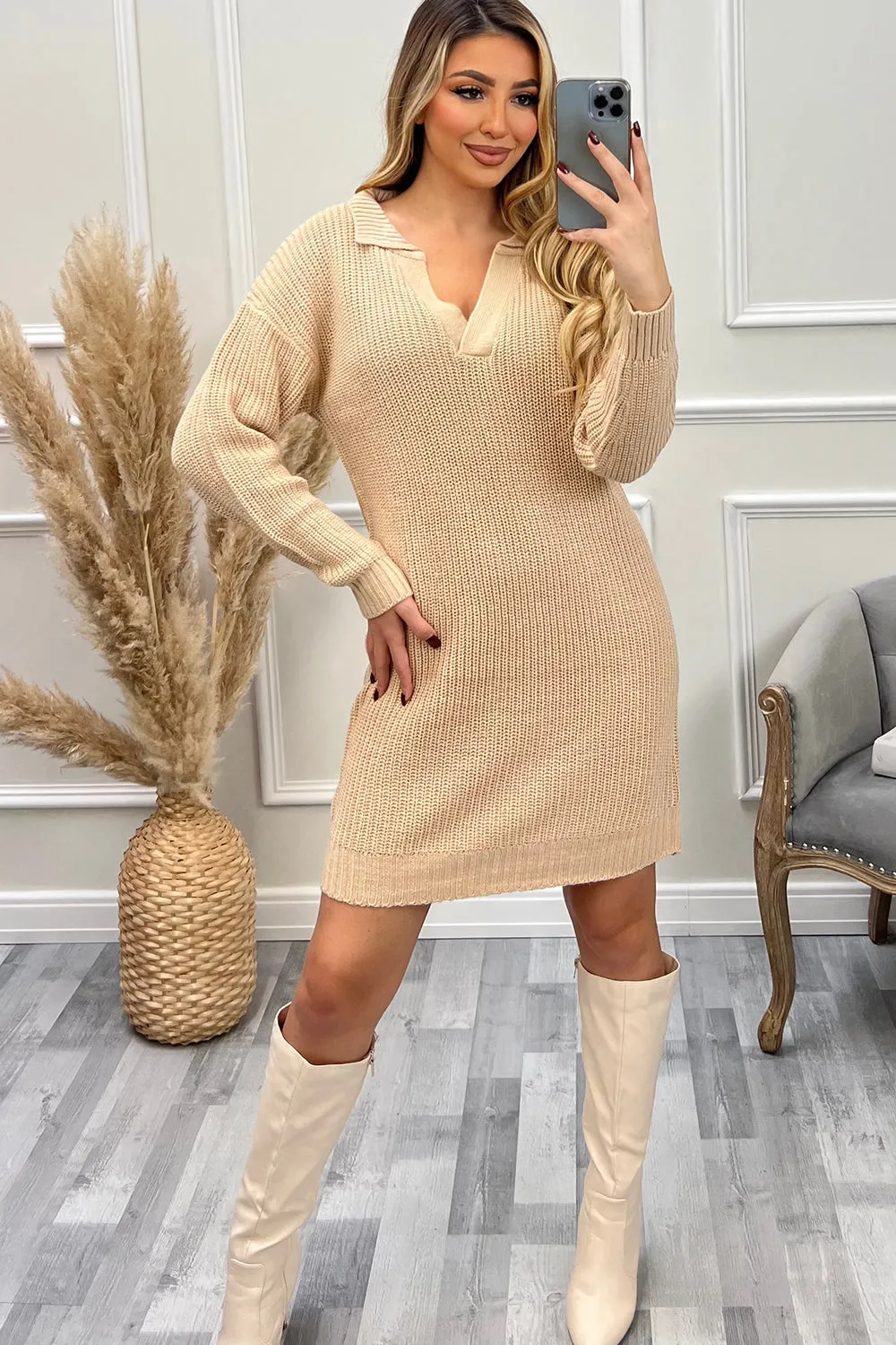 Tia Beige V Neck Collar Knitted Dress