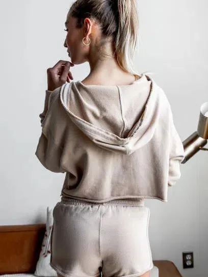 Too Cute Khaki Raw Edges Cropped Hoodie and Bottom Set
