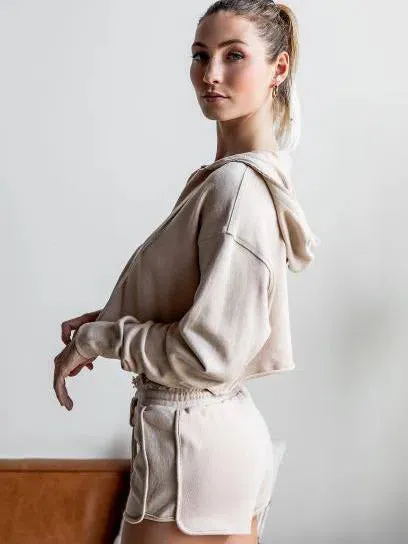 Too Cute Khaki Raw Edges Cropped Hoodie and Bottom Set