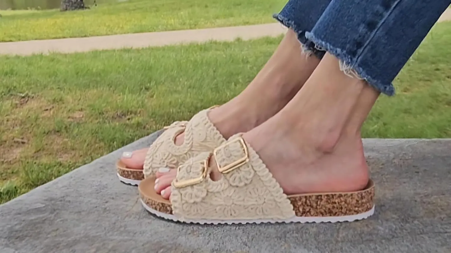 TruFox Women's Crochet Double Strap Flat Sandals with Granny Squares Cork Molded Footbed