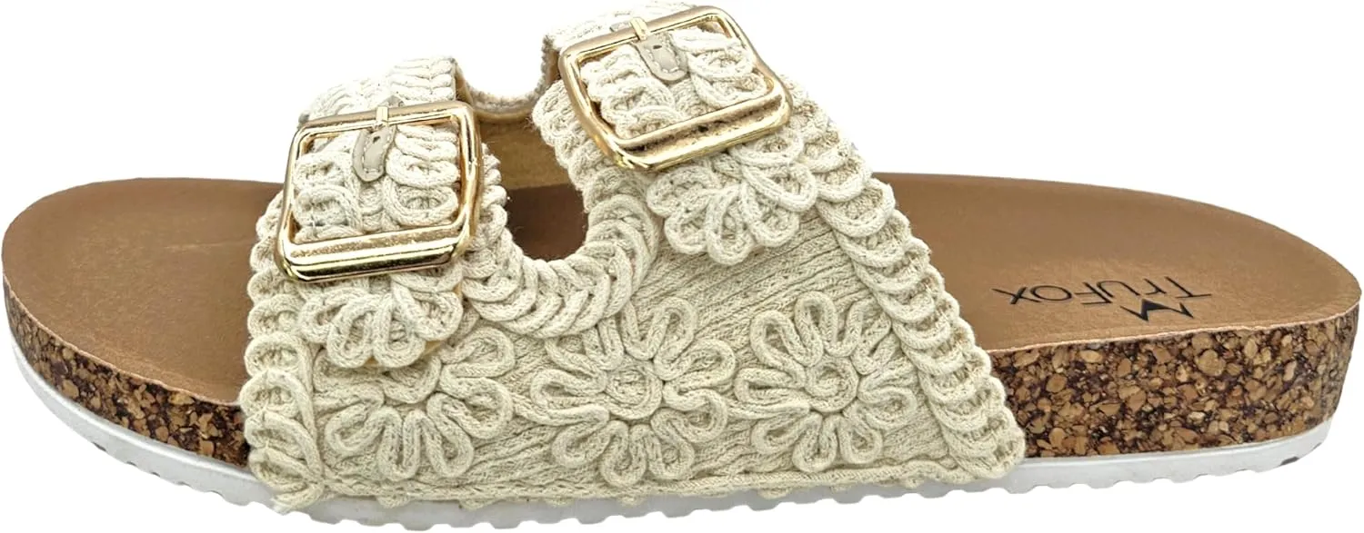 TruFox Women's Crochet Double Strap Flat Sandals with Granny Squares Cork Molded Footbed