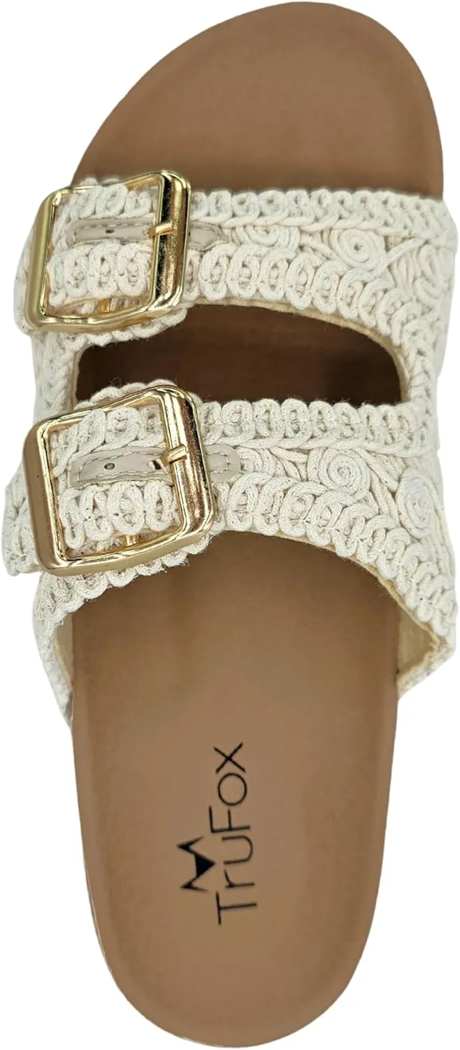 TruFox Women's Crochet Double Strap Flat Sandals with Granny Squares Cork Molded Footbed