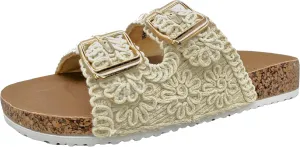 TruFox Women's Crochet Double Strap Flat Sandals with Granny Squares Cork Molded Footbed