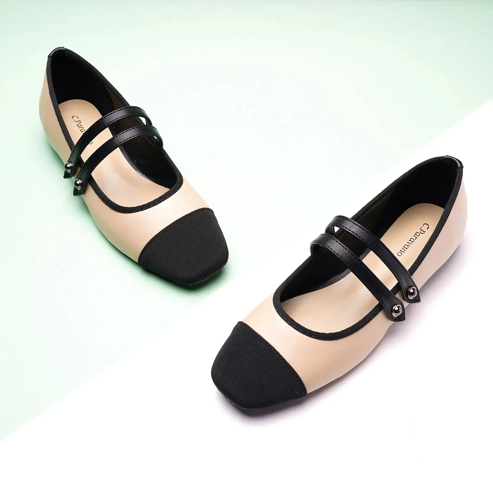 Two-Tone Double Strap Mary Jane Beige