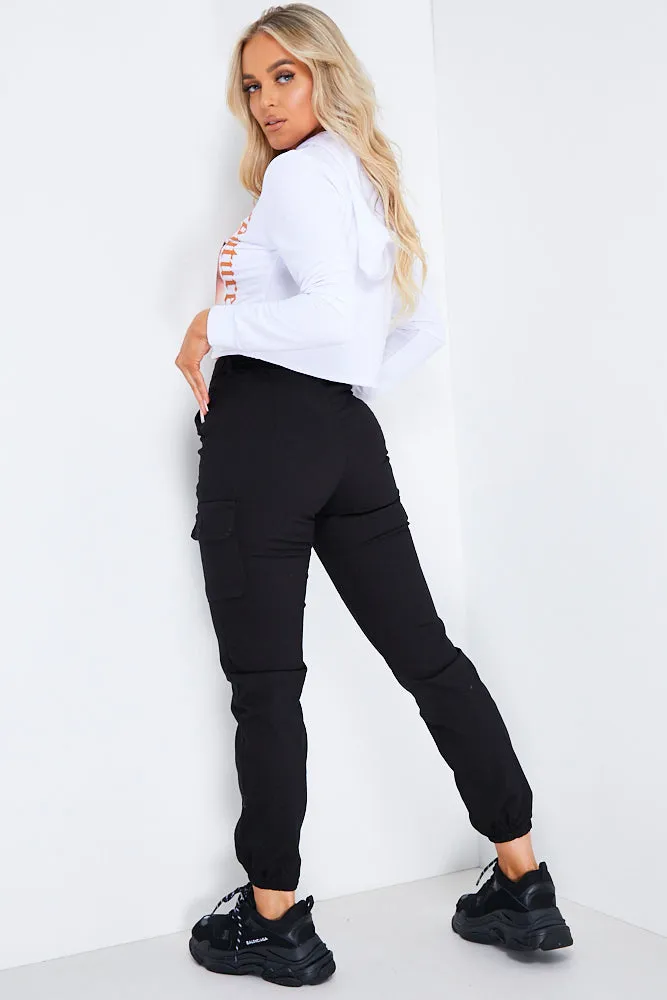 White Couture Graphic Slogan Cropped Hoodie