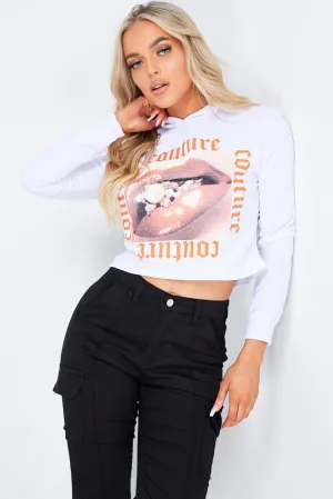 White Couture Graphic Slogan Cropped Hoodie