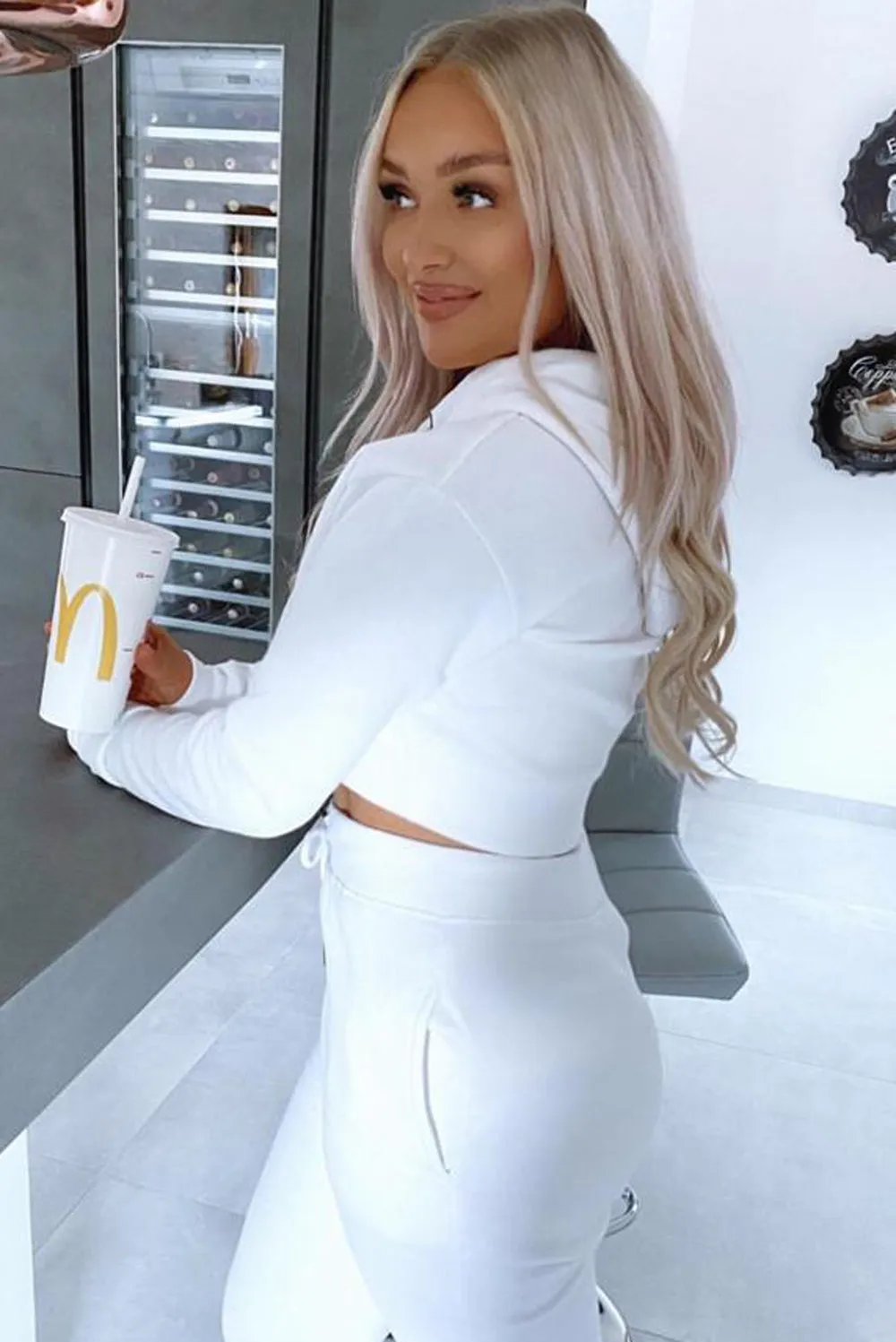 White Cropped Hoodie and Joggers Tracksuit Set