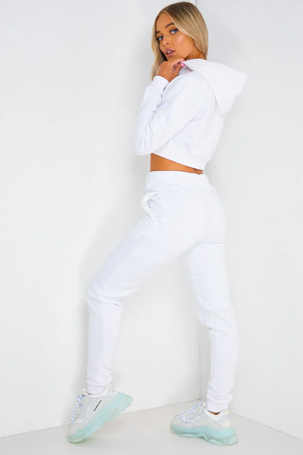 White Cropped Hoodie and Joggers Tracksuit Set