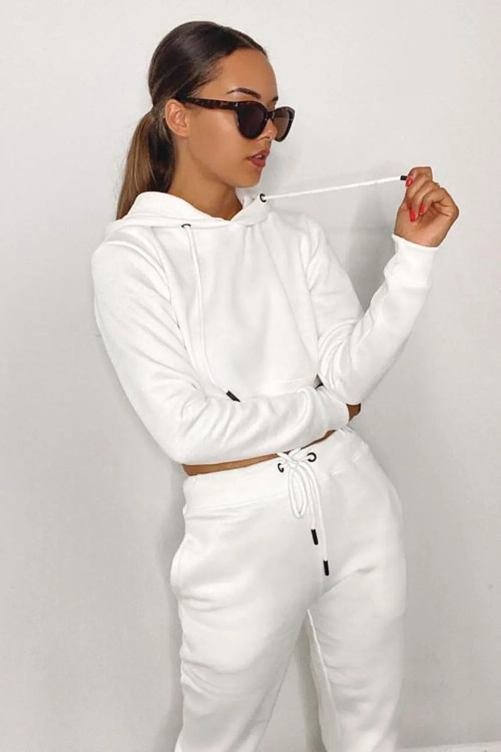 White Cropped Hoodie and Joggers Tracksuit Set
