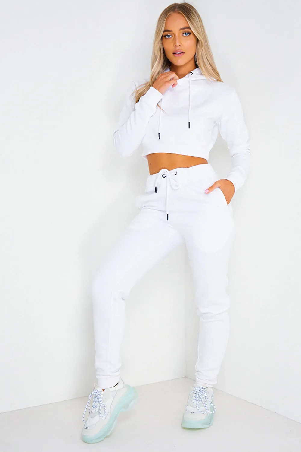 White Cropped Hoodie and Joggers Tracksuit Set