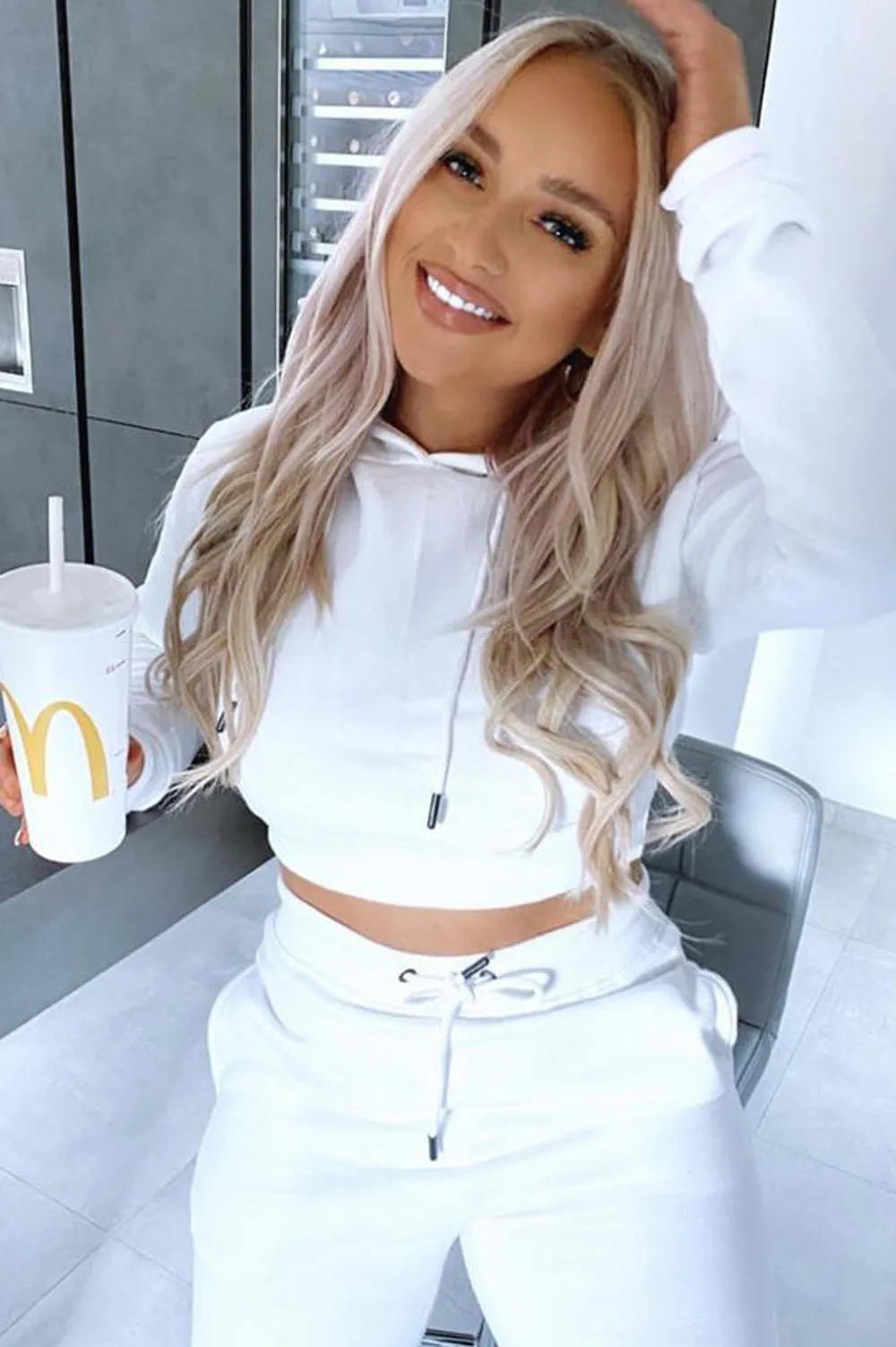 White Cropped Hoodie and Joggers Tracksuit Set