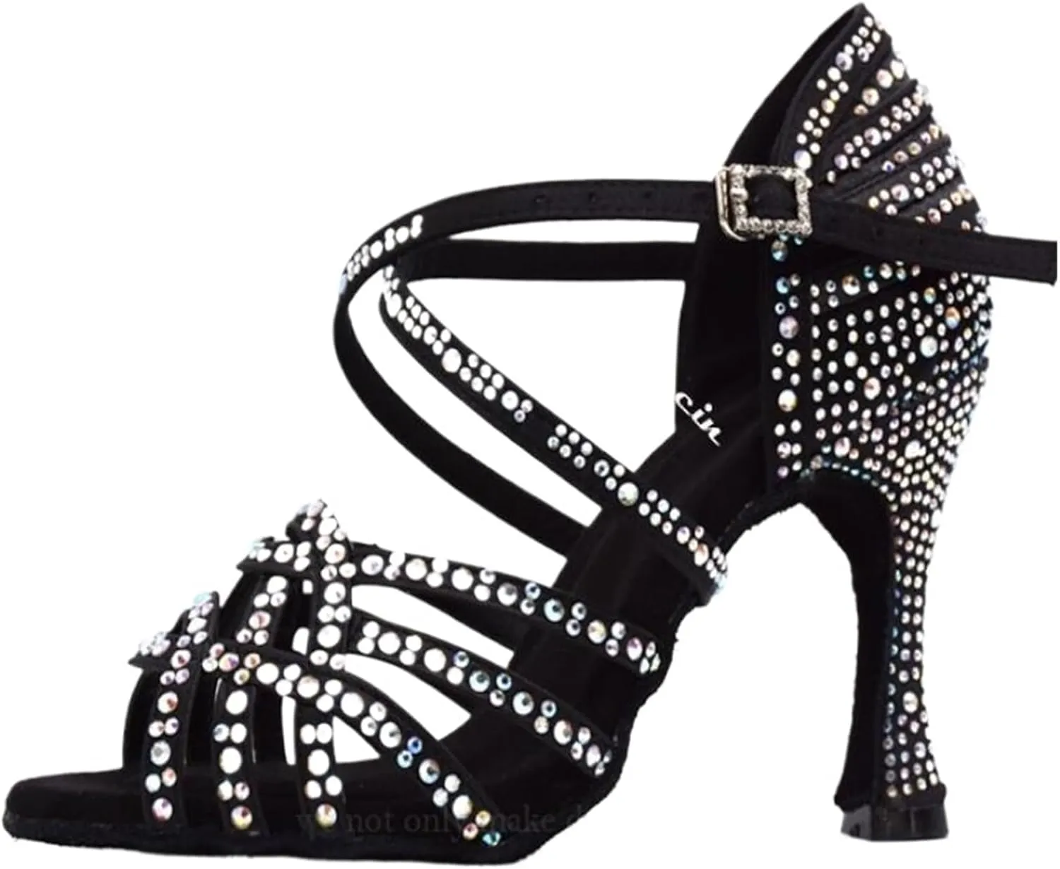 Women Salsa Dance Shoes Latin Ballroom Shoes Latin Dance Shoes Girl Skin Black Color Full Rhinestone Tango Party Shoes 9cm