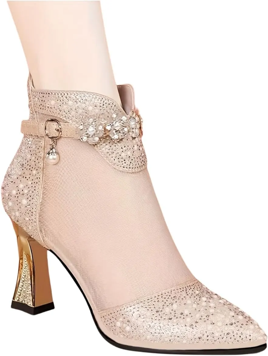 Women's Chunky Heeled Sandals, Pointed Toe Contrast Mesh Breathable High Heels, Women's Zip Back Boots