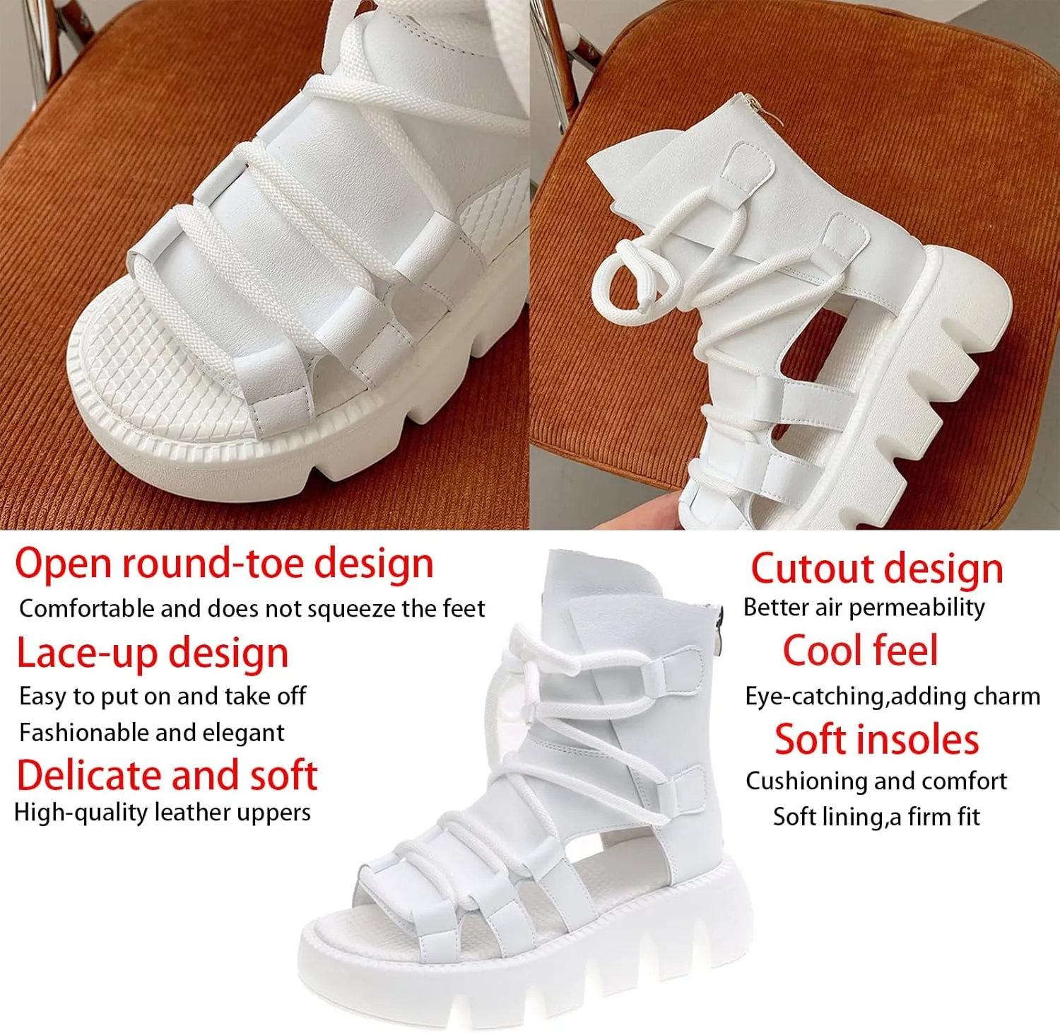 Women's Leather Lace Up High Top Platform Gladiator Sandals Fashion Comfort Round Open Toe Back Zipper Breathable Hollow Out Chunky Wedge Roman Sandals for Work Party Walking