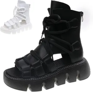 Women's Leather Lace Up High Top Platform Gladiator Sandals Fashion Comfort Round Open Toe Back Zipper Breathable Hollow Out Chunky Wedge Roman Sandals for Work Party Walking