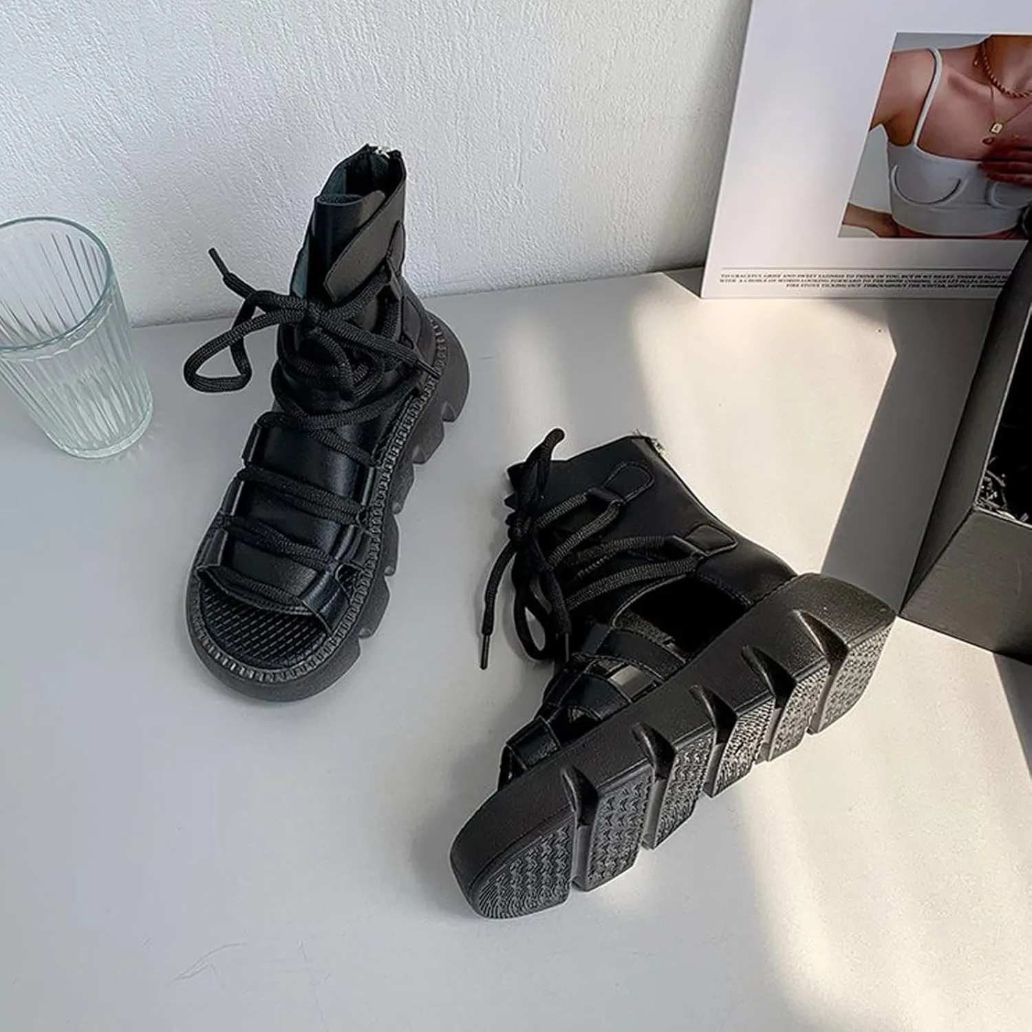 Women's Leather Lace Up High Top Platform Gladiator Sandals Fashion Comfort Round Open Toe Back Zipper Breathable Hollow Out Chunky Wedge Roman Sandals for Work Party Walking