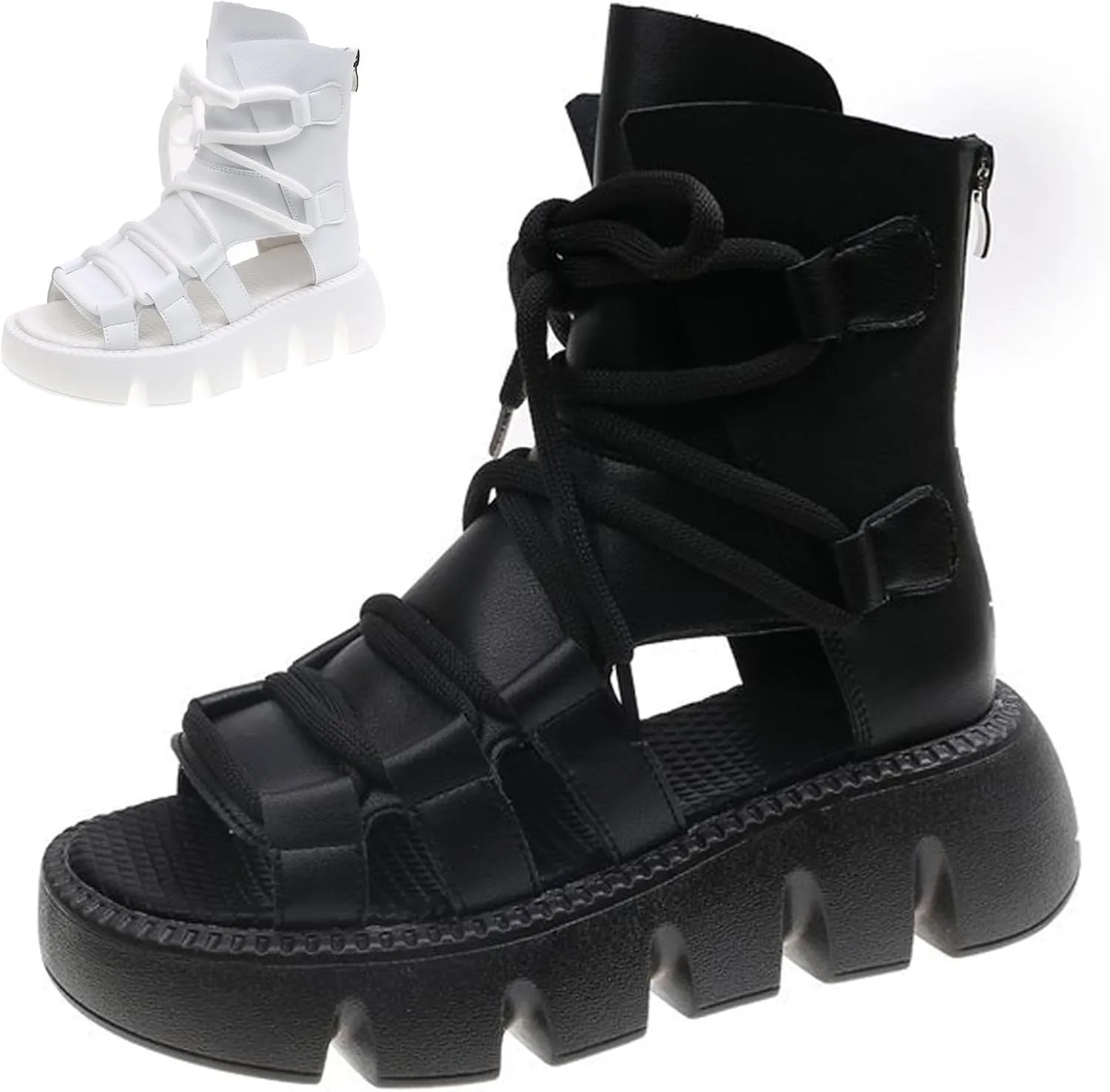Women's Leather Lace Up High Top Platform Gladiator Sandals Fashion Comfort Round Open Toe Back Zipper Breathable Hollow Out Chunky Wedge Roman Sandals for Work Party Walking