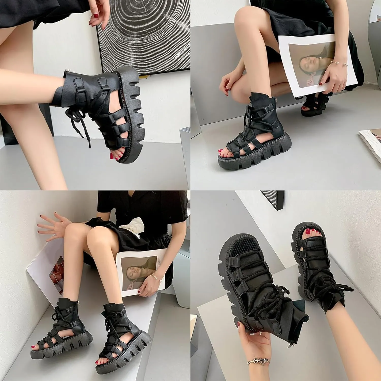 Women's Leather Lace Up High Top Platform Gladiator Sandals Fashion Comfort Round Open Toe Back Zipper Breathable Hollow Out Chunky Wedge Roman Sandals for Work Party Walking