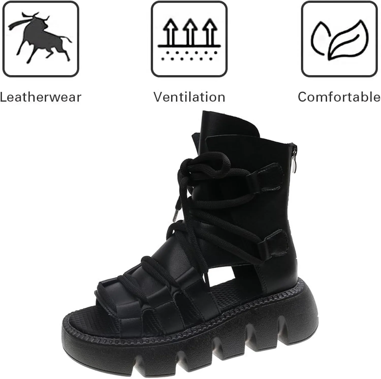 Women's Leather Lace Up High Top Platform Gladiator Sandals Fashion Comfort Round Open Toe Back Zipper Breathable Hollow Out Chunky Wedge Roman Sandals for Work Party Walking